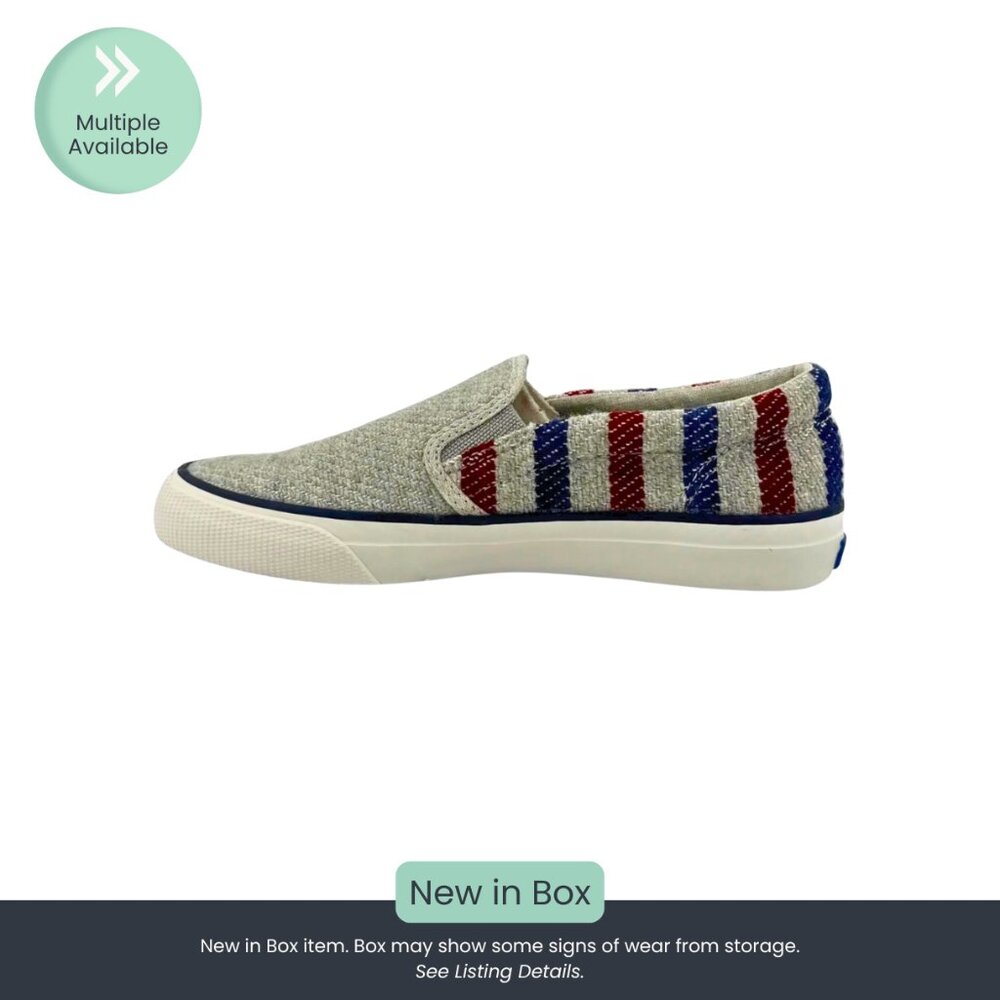 Keds x Swans Island Anchor Slip-On Sneakers – Gray with Red & Blue Stripes